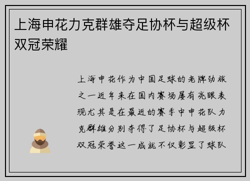 上海申花力克群雄夺足协杯与超级杯双冠荣耀 上海申花力克群雄夺足协杯与超级杯双冠荣耀